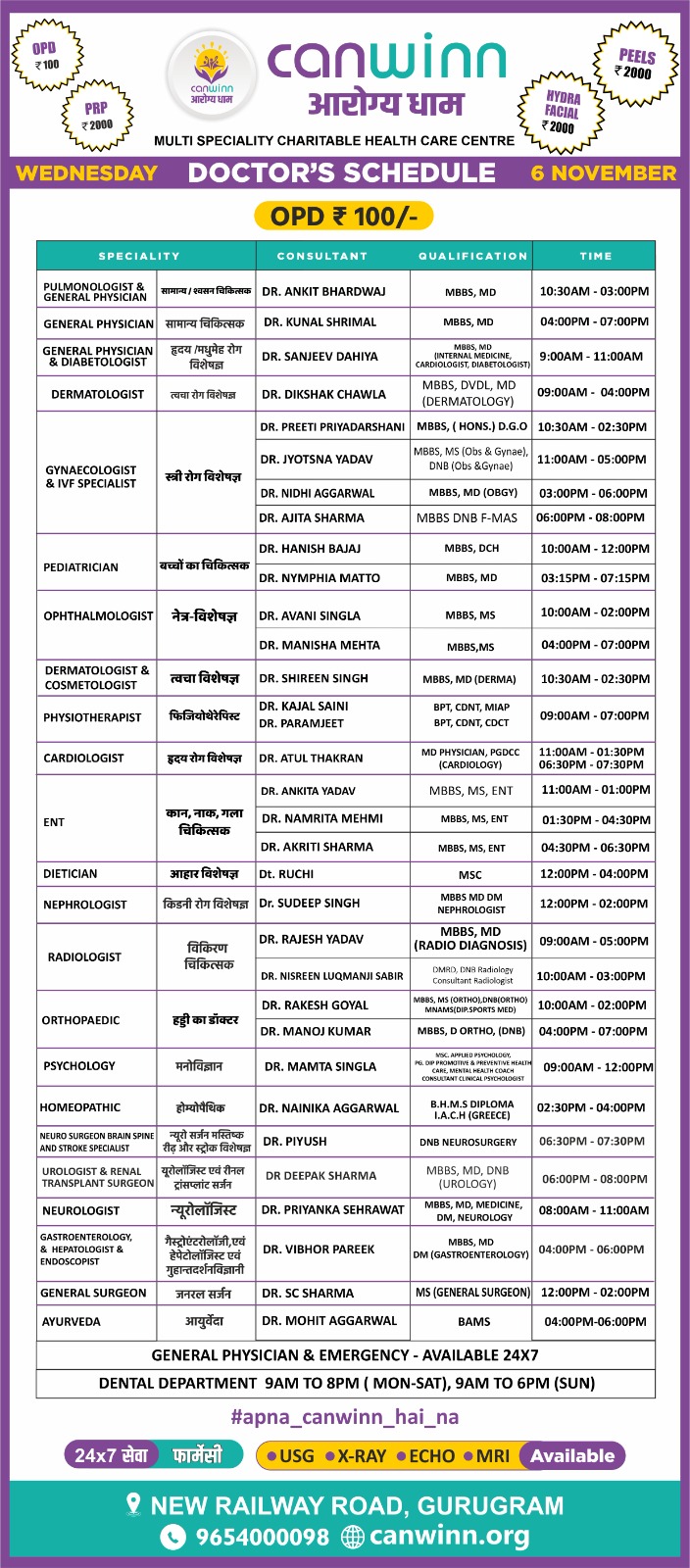 CanWinn Aarogya Dham Doctors Schedule - 5 November