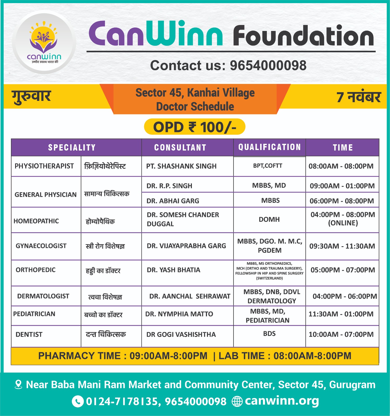 Sector 45 Kanhai Village Doctors Schedule