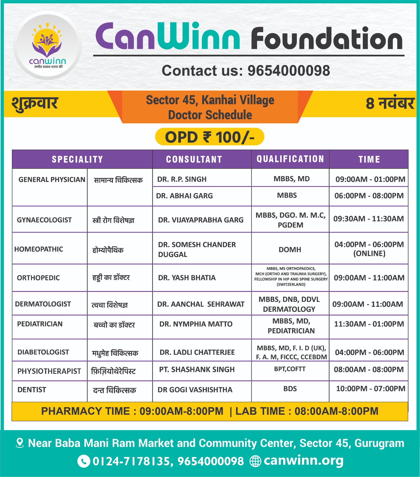 Sector 45 Kanhai Village Doctors Schedule