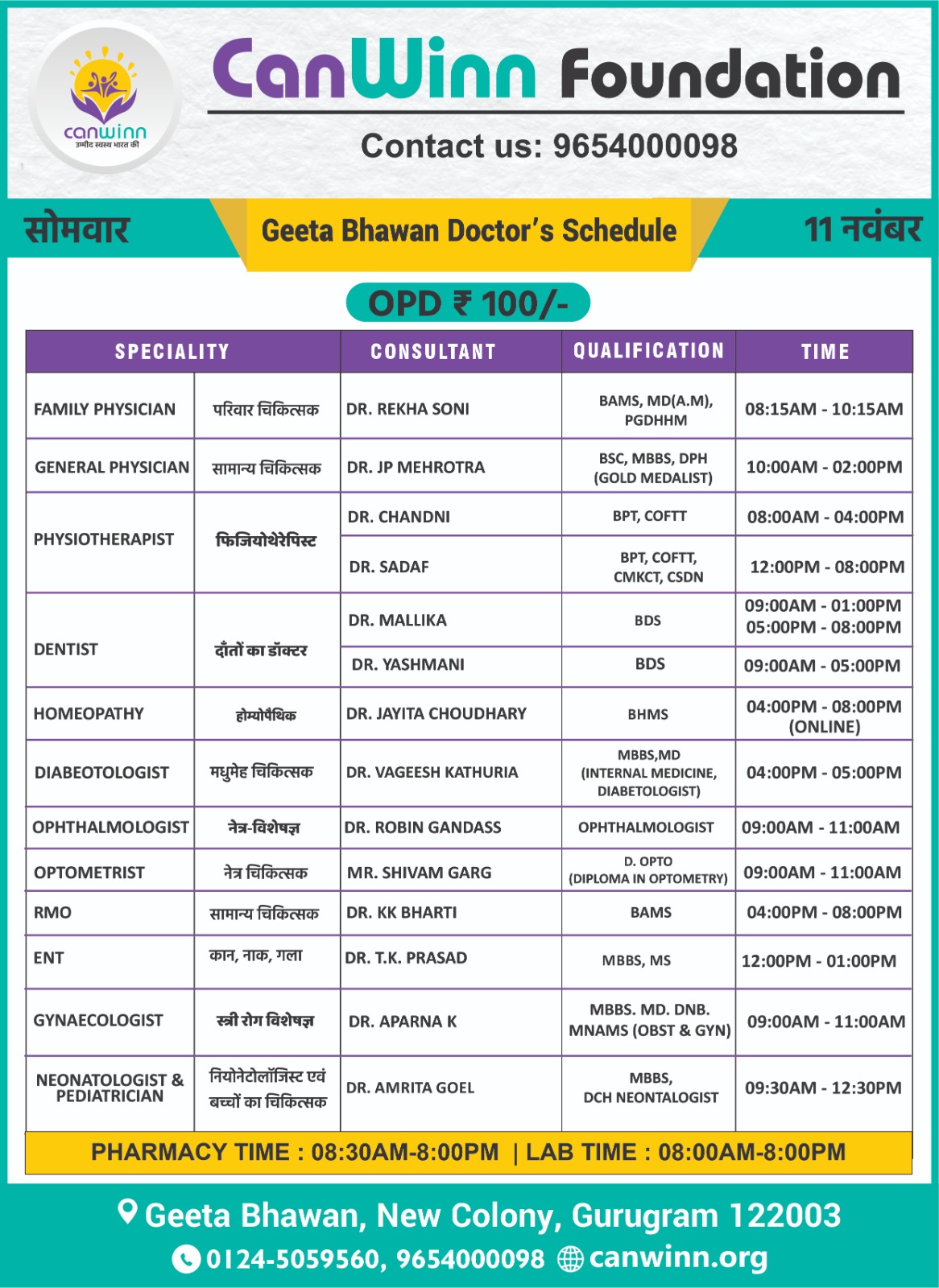 Geeta Bhawan Doctors Schedule