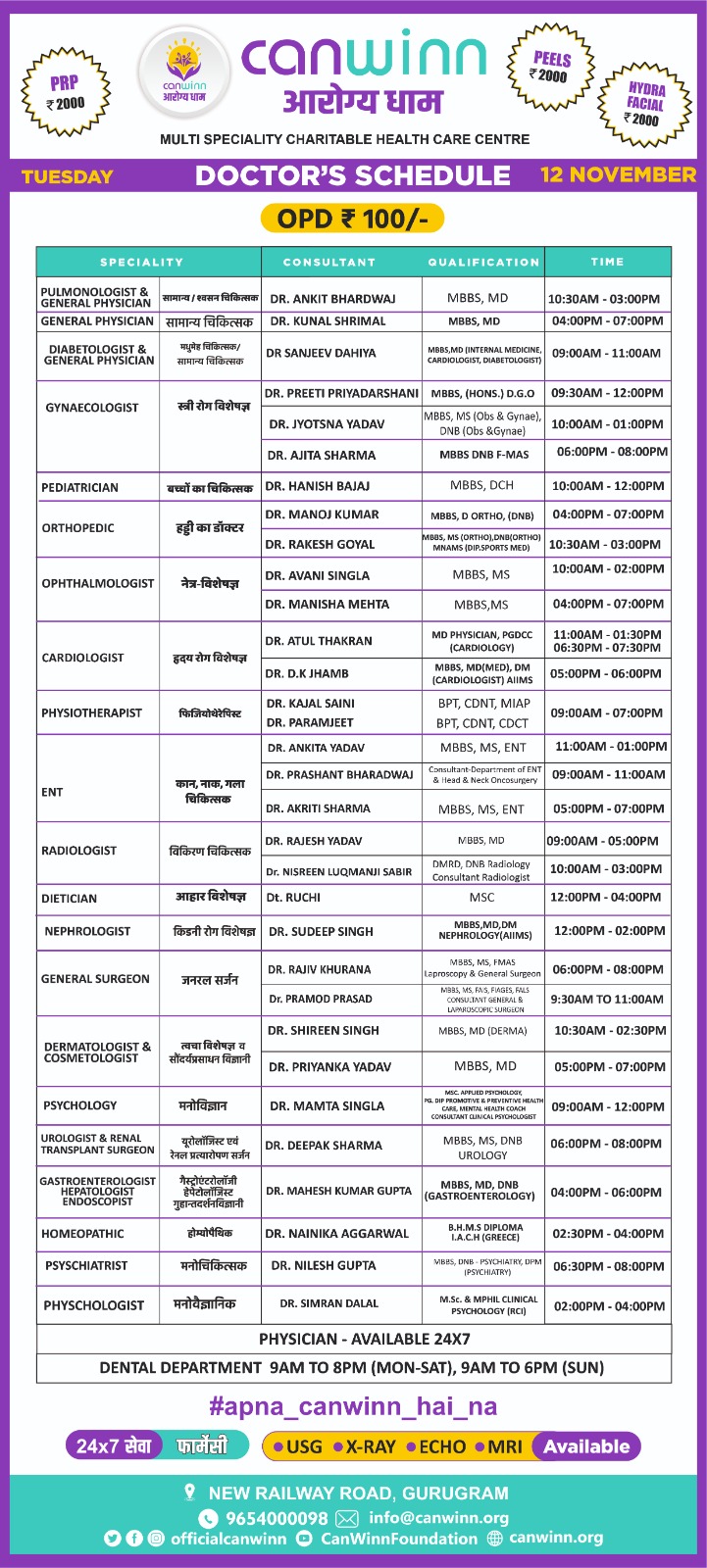 CanWinn Aarogya Dham Doctors Schedule