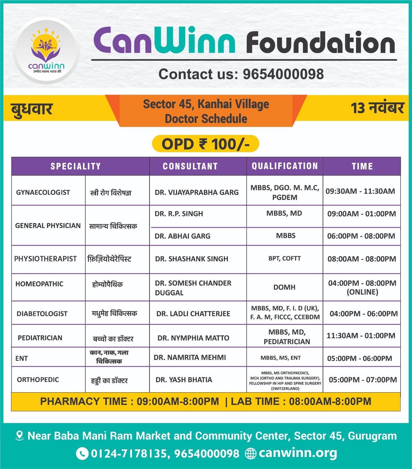 Sector 45 Kanhai Village Doctors Schedule