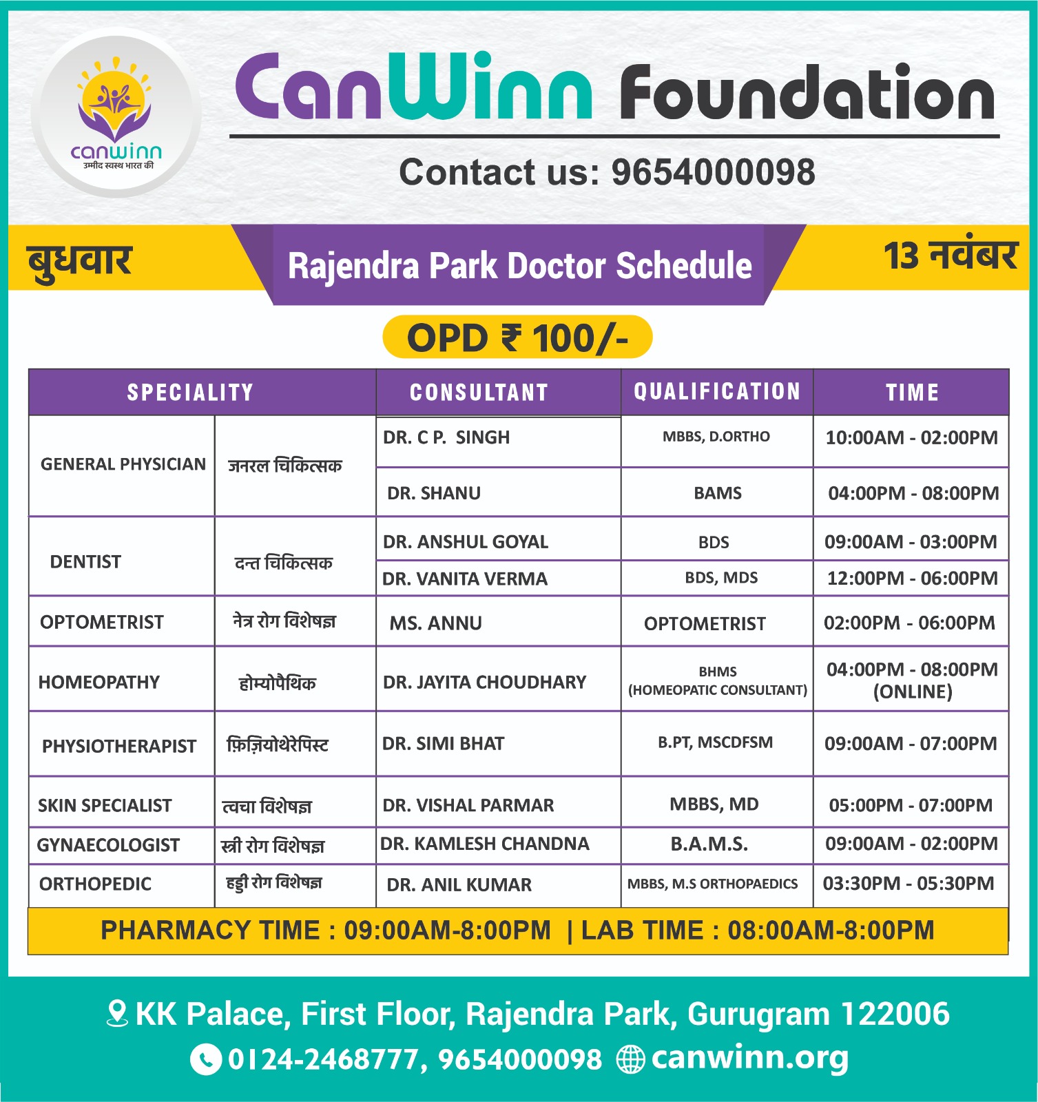 Select Rajender Park Doctors Schedule – 12 November Rajender Park Doctors Schedule – 13 November