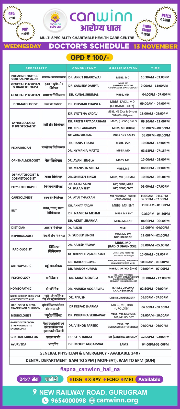 CanWinn Aarogya Dham Doctors Schedule