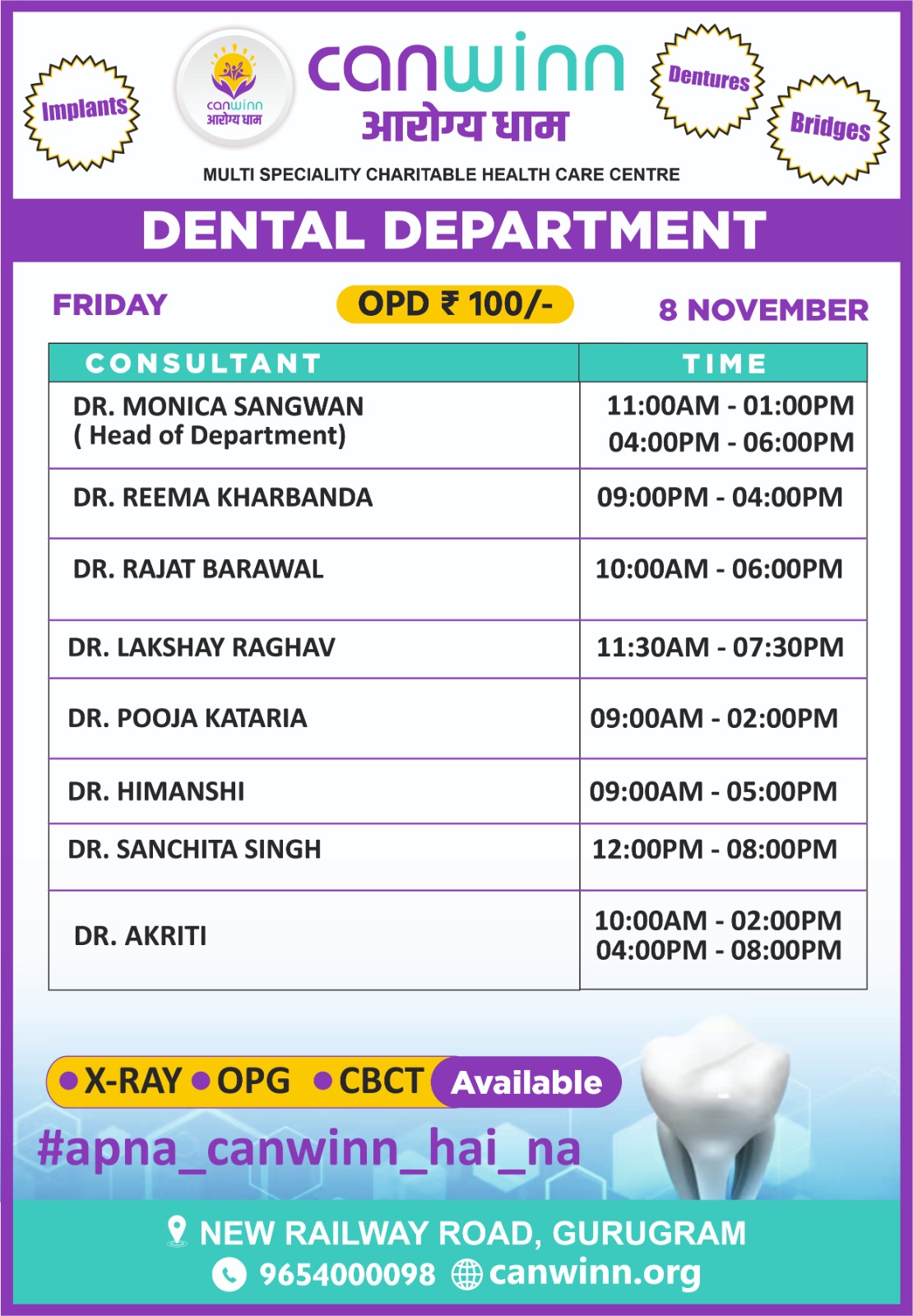 Dental Department Doctors Schedule