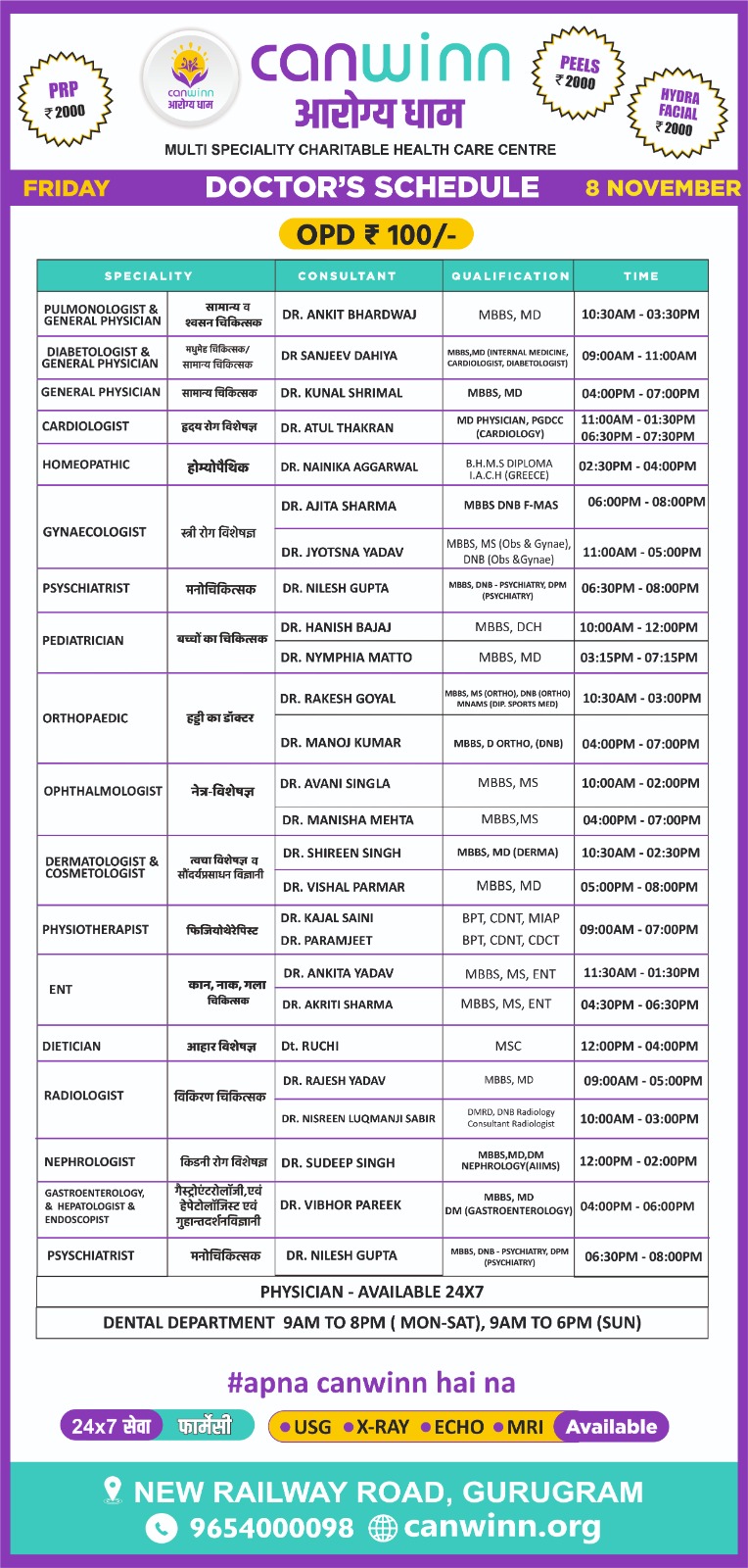 CanWinn Aarogya Dham Doctors Schedule