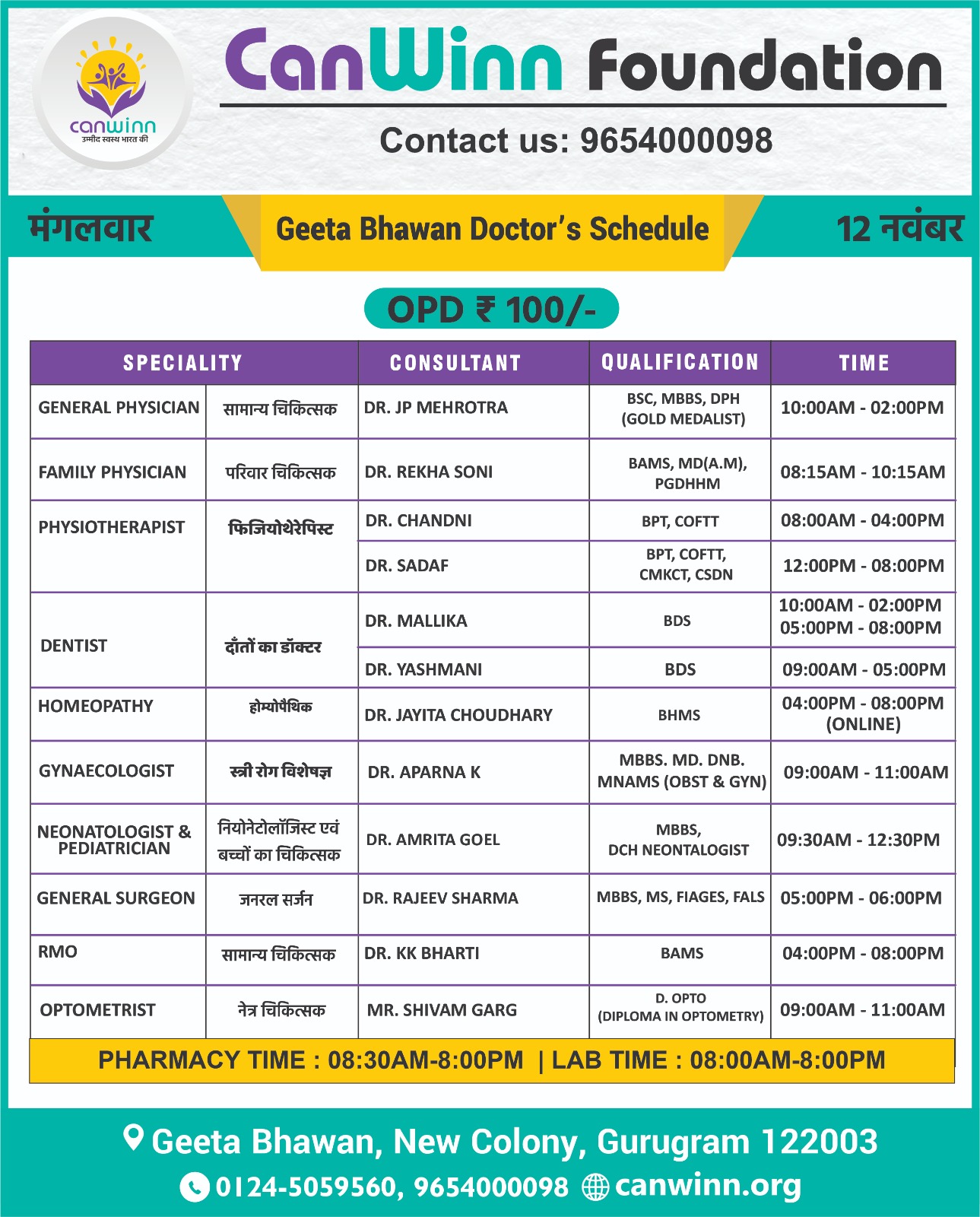 Geeta Bhawan Doctors Schedule