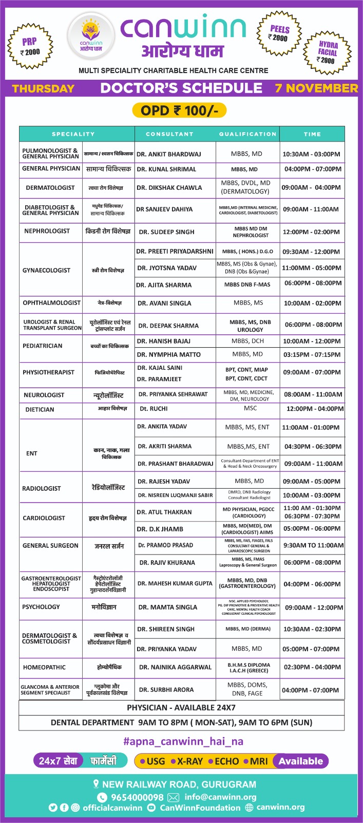 CanWinn Aarogya Dham Doctors Schedule